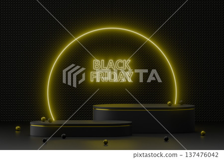 Yellow neon black friday sign on dark podium 3d 137476042