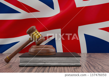 Wooden gavel on book with uk flag background 3d 137476050