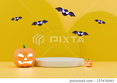 Yellow podium with spooky pumpkin and bats 3d render Yellow podium with spooky pumpkin and bats 3d render 137476065