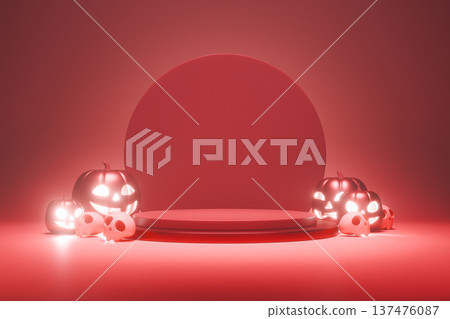Red stage with glowing white pumpkins for halloween 3d 137476087