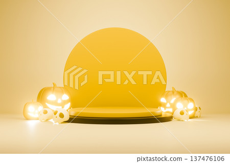 Yellow stage with glowing pumpkins for halloween 3d Yellow stage with glowing pumpkins for halloween 3d 137476106