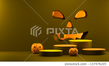 Spooky orange stage with pumpkin face and bats 3d Spooky orange stage with pumpkin face and bats 3d 137476205