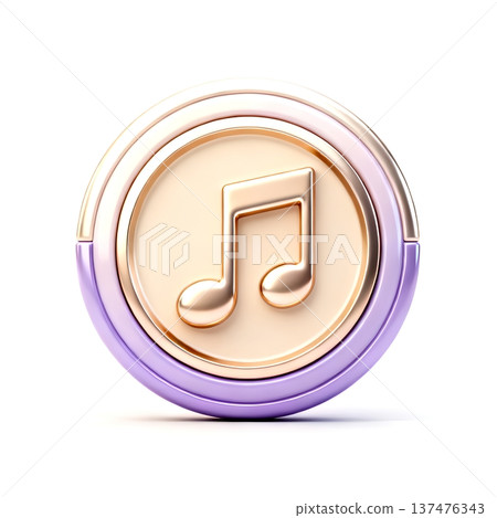 A striking 3D render of a golden music note icon on a cream background, framed by a stylish purple and gold metallic border. Ideal for digital media, music apps, and branding. A striking 3D render of a golden music note icon on a cream background, framed by a stylish purple and gold metallic border. Ideal for digital media, music apps, and branding. 137476343