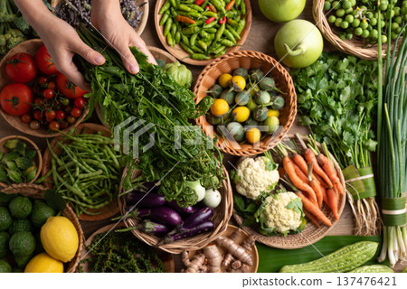 Organic Southeast Asian vegetables from local farmer market in Northern Thailand Organic Southeast Asian vegetables from local farmer market in Northern Thailand 137476421