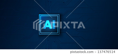 Blue glowing AI processor chip on digital circuit board technology background 137476514