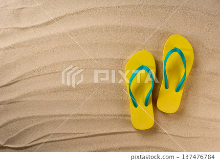 Stylish yellow flip flops on beach sand, space for text. Top view. 137476784