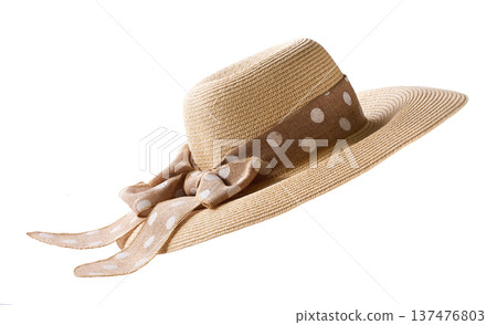 womens Beach hat isolated on a white background. straw hat isolated . Wide brimmed hat isolated . 137476803