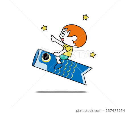 Illustration of a child riding a carp streamer Illustration of a child riding a carp streamer 137477254