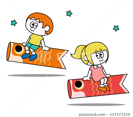 Illustration of a child riding a carp streamer Illustration of a child riding a carp streamer 137477259