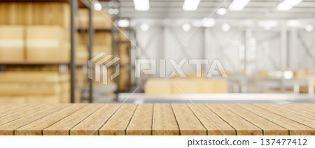 Empty wooden table or bench across crates boxes on metal shelf in modern factory or goods warehouse. Empty wooden table or bench across crates boxes on metal shelf in modern factory or goods warehouse. 137477412
