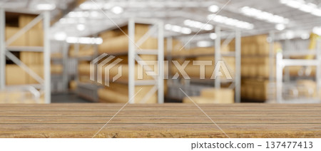 Empty wooden table bench across crates boxes on metal shelves in modern factory or goods warehouse. Empty wooden table bench across crates boxes on metal shelves in modern factory or goods warehouse. 137477413
