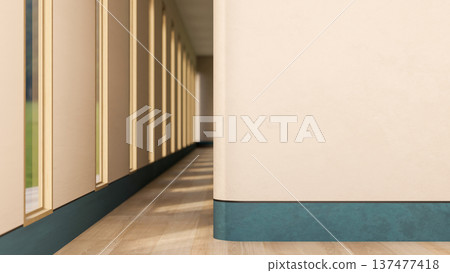 White wall with blue strip on wooden parquet floor corridor and sunlight through window in building. White wall with blue strip on wooden parquet floor corridor and sunlight through window in building. 137477418
