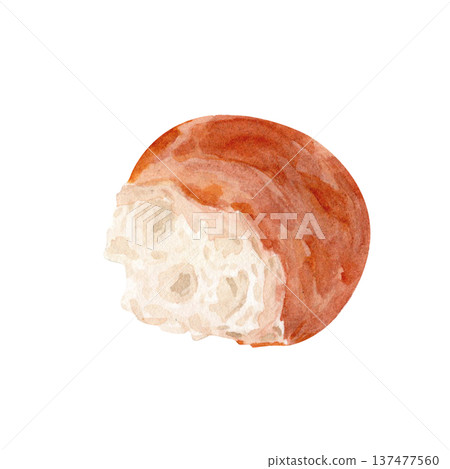 Torn bread piece with rustic crust, airy crumb, watercolor bakery illustration isolated on white. Artisan bread fragment perfect for bakery branding, menu design, packaging, recipe books, food layouts 137477560