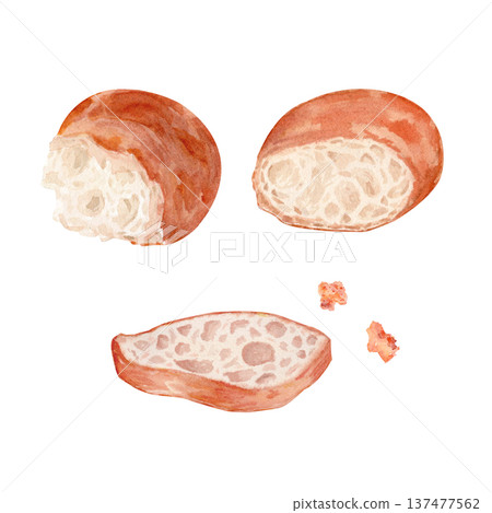 Rustic bread slice set with torn piece and crumbs, watercolor bakery illustration isolated on white. Artisan bread elements for bakery branding, menu design, packaging, recipe books and food layouts Rustic bread slice set with torn piece and crumbs, watercolor bakery illustration isolated on white. Artisan bread elements for bakery branding, menu design, packaging, recipe books and food layouts 137477562