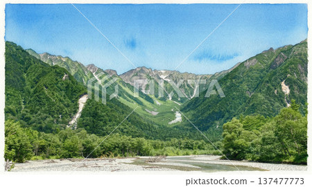 Watercolor painting of the Hotaka mountain range seen from Kamikochi 137477773