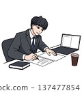A businessman writing documents while researching on a computer 137477854
