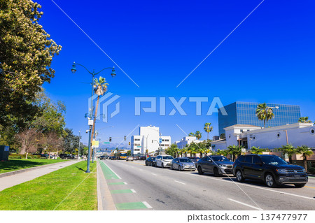 Santa Monica Boulevard, a major thoroughfare in Beverly Hills, Los Angeles. 137477977