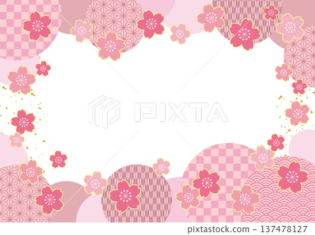 Spring-like Japanese-style frame postcard with cherry blossoms and Japanese-patterned circles / pink Spring-like Japanese-style frame postcard with cherry blossoms and Japanese-patterned circles / pink 137478127