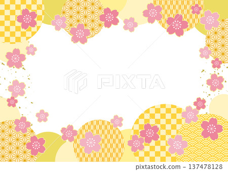 Spring-like Japanese-style frame postcard with cherry blossoms and Japanese pattern circle / yellow Spring-like Japanese-style frame postcard with cherry blossoms and Japanese pattern circle / yellow 137478128