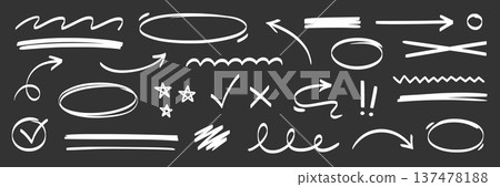 Arrow, highlight marker stroke set. Marker pen line hand drawn brush stroke sketch circle, underline, arrow. Doodle check, cross, highlight scribble round icon on chalkboard. Vector Arrow, highlight marker stroke set. Marker pen line hand drawn brush stroke sketch circle, underline, arrow. Doodle check, cross, highlight scribble round icon on chalkboard. Vector 137478188