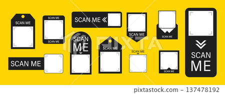 Scan me Frame. Blank sticker template for retail shopping with barcode. QR code payment. Scan by mobile phone. Click button on app screen for online. Vector illustration Scan me Frame. Blank sticker template for retail shopping with barcode. QR code payment. Scan by mobile phone. Click button on app screen for online. Vector illustration 137478192