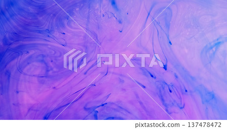 Color ink splash. Acrylic water. Blur purple blue droplet fog bright liquid pigment spill texture spreading on abstract background. 137478472