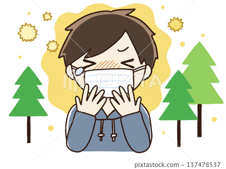 Illustration of a man who can't stop sneezing due to hay fever 137478537