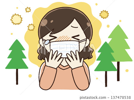 Illustration of a woman who stops sneezing with hay fever Illustration of a woman who stops sneezing with hay fever 137478538