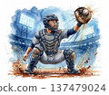 Catcher kicking up a cloud of dust: A powerful catch (watercolor illustration) 137479024