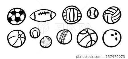Crayon hand drawn sport ball collection. Black pastel doodled football, baseball, basketball, volleyball, soccer balls set. Kid pencil drawing pack for sticker, collage, label. Vector outline sketches 137479073
