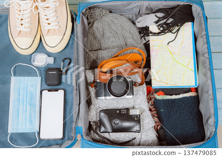 top view with protective mask and accessories prepare in luggage for travel with new normal style for winter season 137479085