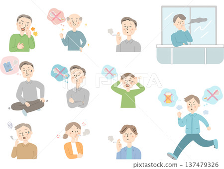 Set of people's facial expressions and actions regarding smoking Set of people's facial expressions and actions regarding smoking 137479326