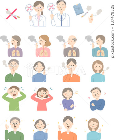 Smoking and health hazards, anti-smoking awareness character illustration set 137479328