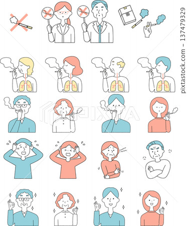 Smoking and health hazards, anti-smoking awareness character illustration set, monochrome Smoking and health hazards, anti-smoking awareness character illustration set, monochrome 137479329