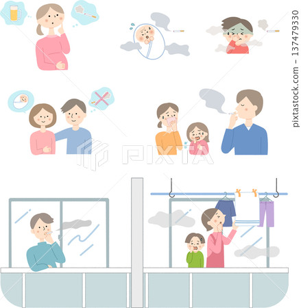 A set of illustrations showing passive smoking and its health hazards, as well as its impact on pregnant women and children 137479330