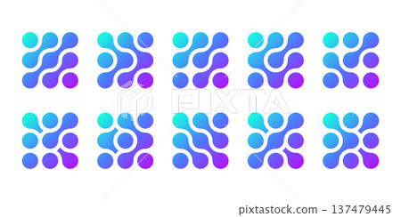 Atom dots connected in molecule structure pattern. Abstract circle shapes, collagen liquid drops. Medical tech metaball cells. Wavy merge fluid arrow, laboratory symbol. Dividing blob circuit cross 137479445