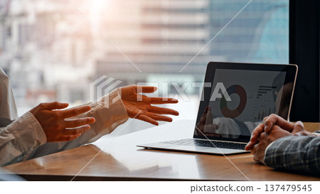 A shop assistant and a business person having a meeting while looking at a laptop A shop assistant and a business person having a meeting while looking at a laptop 137479545