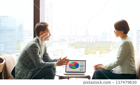 A group of casual business people meeting in a lobby A group of casual business people meeting in a lobby 137479630