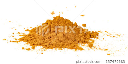 A heap of bright orange turmeric powder isolated. Fine texture of traditional Indian spice used for cooking and health. Clean studio shot for culinary or herbal concept. 137479683