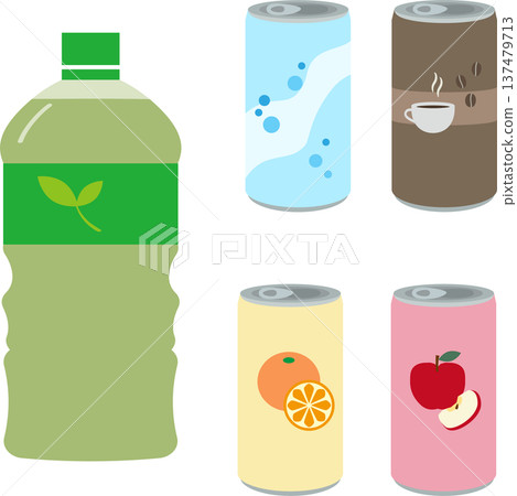 Illustration set of plastic bottles and canned drinks (for picnic scenes) 137479713