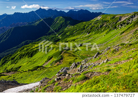 Summer views of Mount Yari and Mount Hotaka from Mount Mitsumatarenge in the Northern Alps 137479727