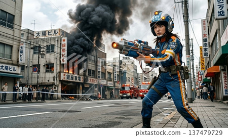 這是虛構的昭和時代特效電視劇中的一個場景。一名女保安手持武器。 137479729