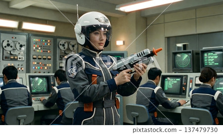 這是虛構的昭和時代特效電視劇中的一個場景。一名女保全正準備出勤。 137479730