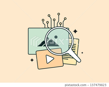 AI content detector platform, machine learning system analyzing text, image and video authenticity for synthetic media detection. Digital content verification, online moderation tools illustration 137479823