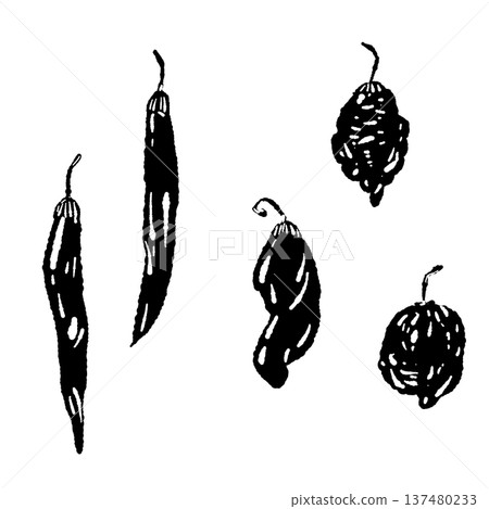 Silhouettes of dried chili peppers set in various shapes Silhouettes of dried chili peppers set in various shapes 137480233