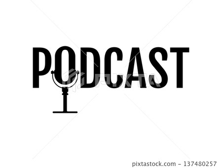 Black podcast text logo with microphone icon on white stock illustration. 137480257