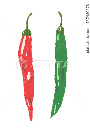 Hand-drawn illustration of red chili pepper and green chili pepper (pair) 137480278
