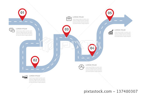 Business roadmap growth path infographic with five step milestones for corporate strategy planning. Business roadmap growth path infographic with five step milestones for corporate strategy planning. 137480307