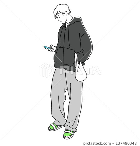 一名男子在便利商店前看著他的智慧型手機。休閒街頭時尚插畫。 137480348