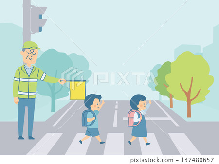 小學生們正在過馬路,背景是城鎮。 小學生們正在過馬路,背景是城鎮。 137480657